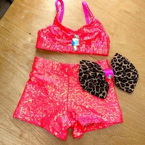 Custom Dance‎ Costume girls size 5/6 Neon Pink sequins with Rhinestone accent’s